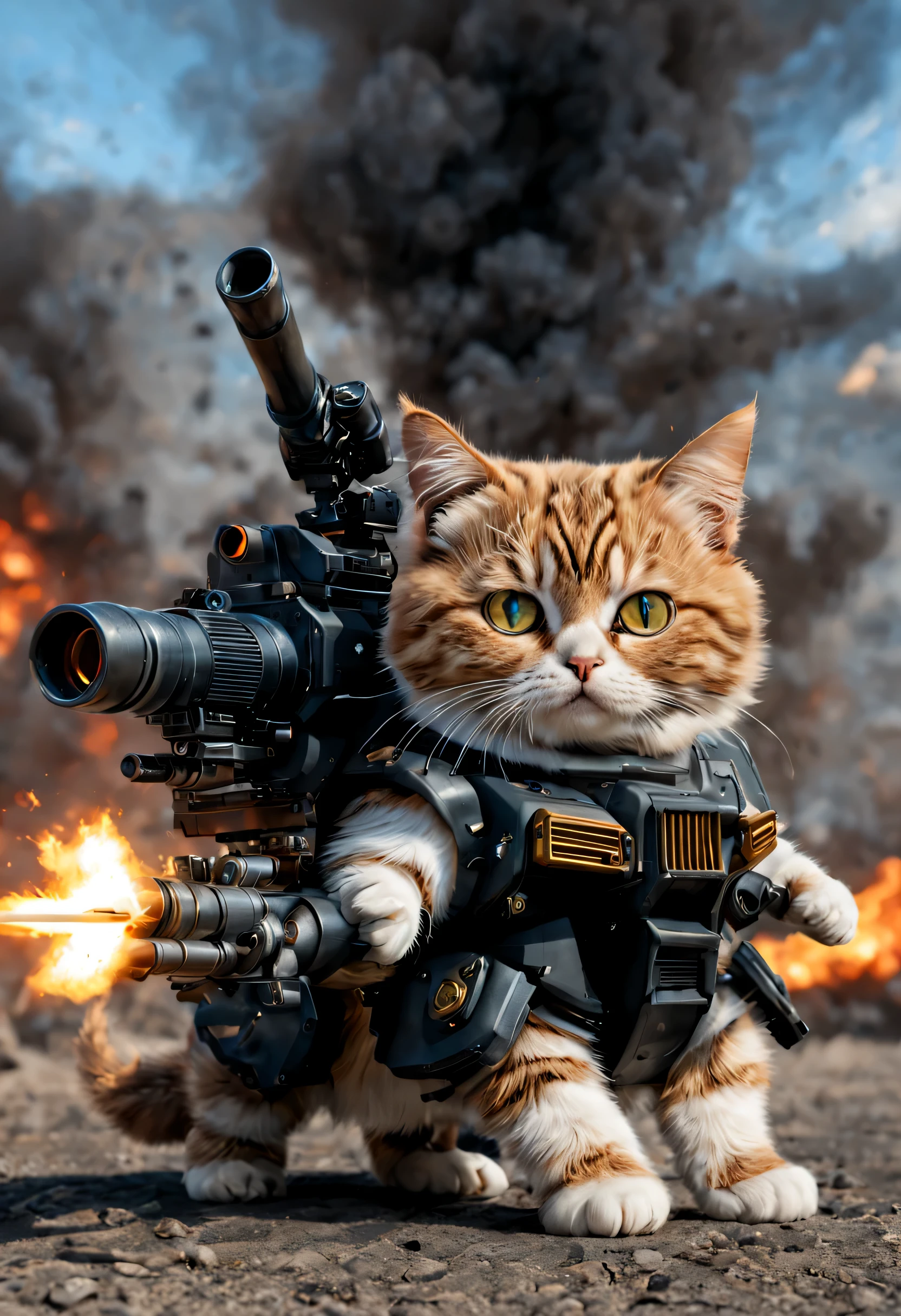 Extremadamente detallado, ultra realista, futuristic, A Munchkin cat with a high-tech Gatling gun on his back, solamente, 1cat, gran pistola Gatling, Fuego, Munchkin hi-tech cybernetics,((cuatro patas)), Ultra Real, Gato realista, militar, monstruo, ,mecha,aw0k gato,vidrio,DonMCyb3rN3cr0XL