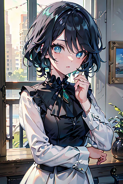 masterpiece, best quality, upper body, modern, ((black hair)), (emerald eyes)