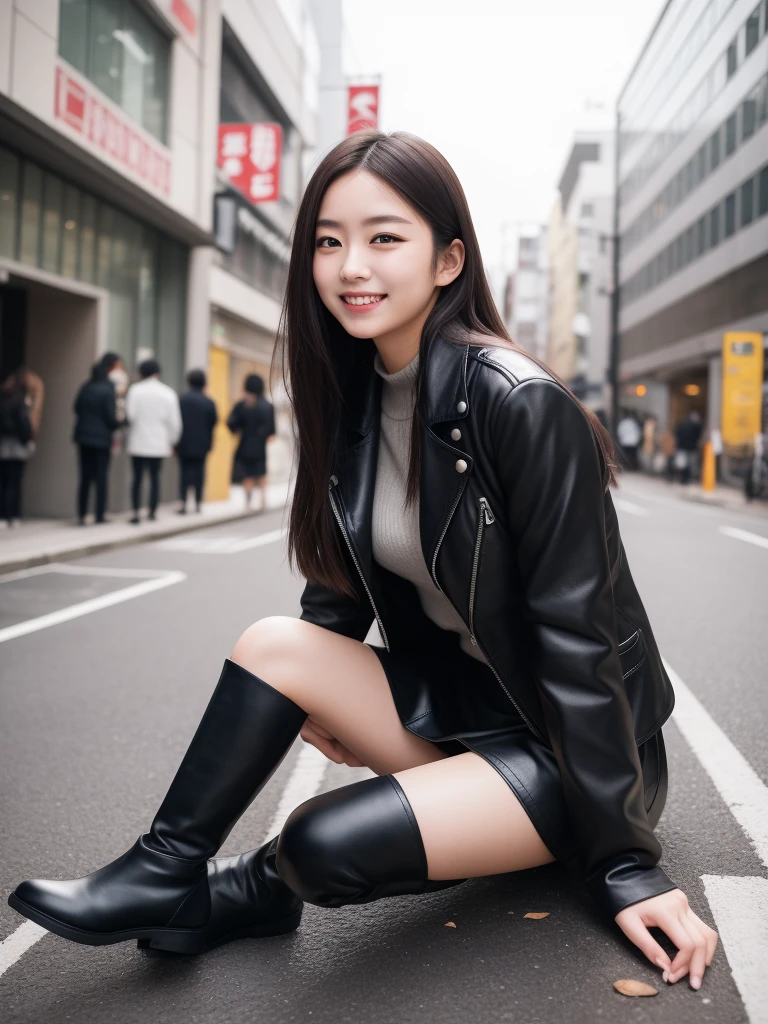 photo Realistic, masterpiece, Realistic, High contrast, hyper Detailed, Best Quality, 超A high resolution, photo Realistic, High resolution, Detailed, Raw photo, Japanese Junior High School Girl, sitting down on the ground, sitting with one's legs thrown out, Long hair, Black leather jacket, Long sleeves, Black micro mini skirt, Pleated skirt, black knee high boots,((( full shot))), Street, Looking at Viewer, Busy city, Looking at Viewer, japanaese girl, Smile,