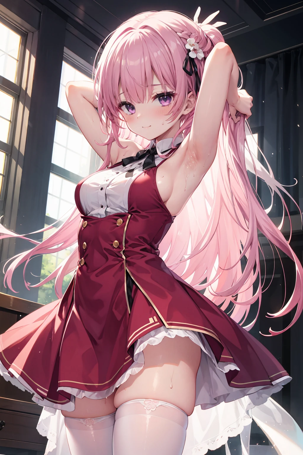one-girl,Pink medium long hair,Indoors,165cm height,55cm bust,Purple eye,Red dress,,White panty hose,Bare hands臂,Bare hands,arms raised over shoulderpose the armpits,Sweating in the armpits,ssmile,7 figures,Mitsukasa Ayas