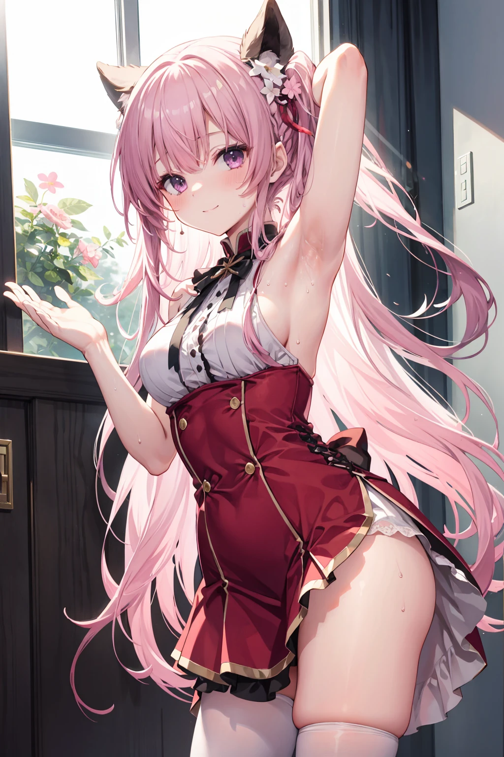 one-girl,Pink medium long hair,Indoors,165cm height,55cm bust,Purple eye,Red dress,,White panty hose,Bare hands臂,Bare hands,arms raised over shoulderpose the armpits,Sweating in the armpits,ssmile,7 figures,Mitsukasa Ayas