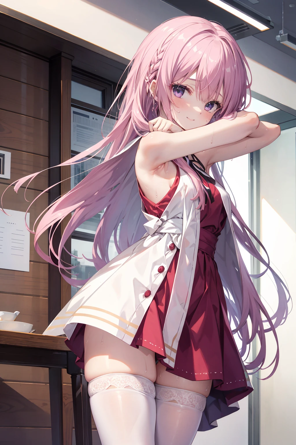 one-girl,Pink medium long hair,Indoors,165cm height,55cm bust,Purple eye,red dress,White panty hose,Bare hands臂,Bare hands,arms raised over shoulderpose the armpits,Sweating in the armpits,ssmile,7 figures,Mitsukasa Ayas