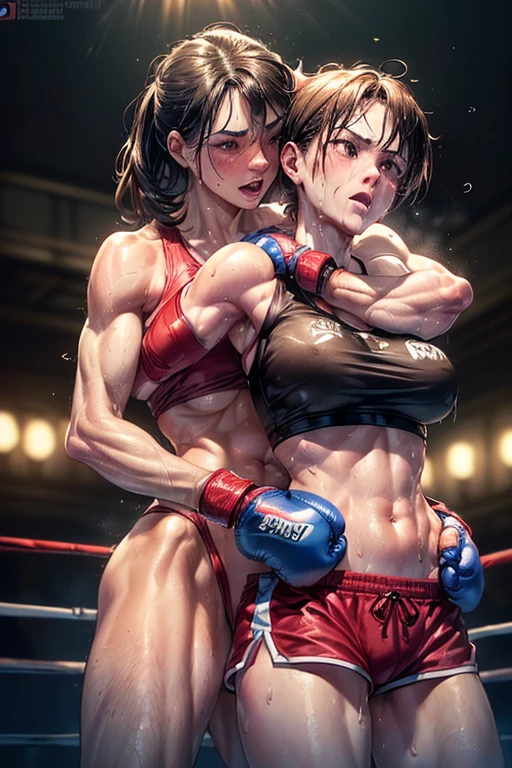 ((Mature female boxer and girl boxer)), Sexy lips, Sportsbra, ((Boxing gloveig ,Sweat all over the body,（Ecstatic look）,steam,((Hugging girl boxer from behind)),((Two Women)),Crotch,Insert from the back,rolling eyes,Ripe body,Immature body,NSFW,Female face