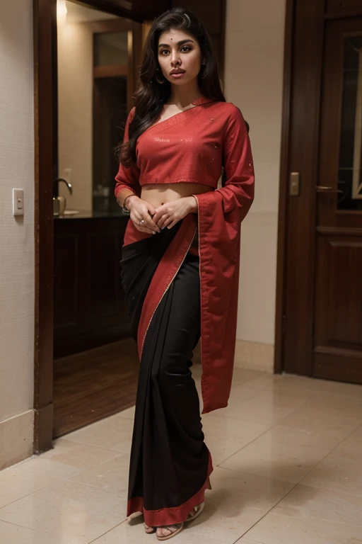 ((best quality)), ((masterpiece)), (detailed), perfect face, mouni roy,black saree, red blouse, full body