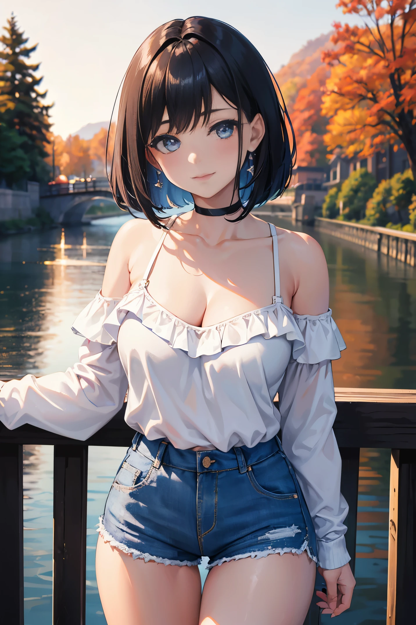 (Masterpiece:1.2, high quality), (absurdres:1.2), (pixiv:1.4), (1girl:1.2), (solo:1.2), (smile:0.8), blush, beautiful caucasian woman, (mature), symmetric face, bob cut with side fringes, bangs, black hair, crystal blue eyes, double eyelids, dark eyeshadow, pale pink lips, smile, collarbone, off-shoulder hoodie, cleavage, denim shorts, thighs, slim waist, body curves, dynamic pose, beautiful scenery, wooden river bridge, leaning on railing, dawn, aesthetic outdoors, dawn sky, autumn, autumn tree leaves, ultra detailed, extra details, (highres:1.2), HD, 8k, 1080, vivid colors, dim lighting, intrinsic details, (blurry_background:1.2), highly focused face, (detailed face)