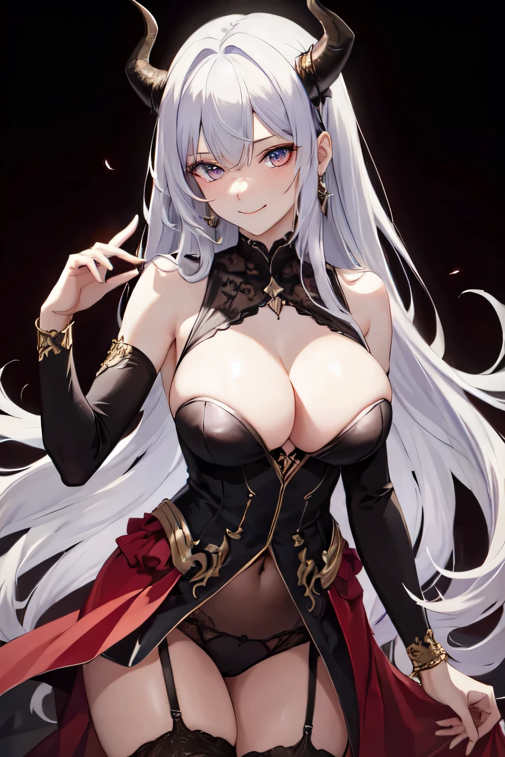 ((masutepiece)),((High quality)),((High resolution)),((Highly accurate and detailed representation of the human body)), Cool pose, Big breasts, Not wearing a hat. slanted eye, Beautiful woman with long silver hair decorated with devil horns and purple eyes. A woman around 25 years old with big breasts, wearing a sleeveless bondage dress、I have a garter belt wrapped around my legs. strike a cool pose, She covers her mouth with her hands, smirking.