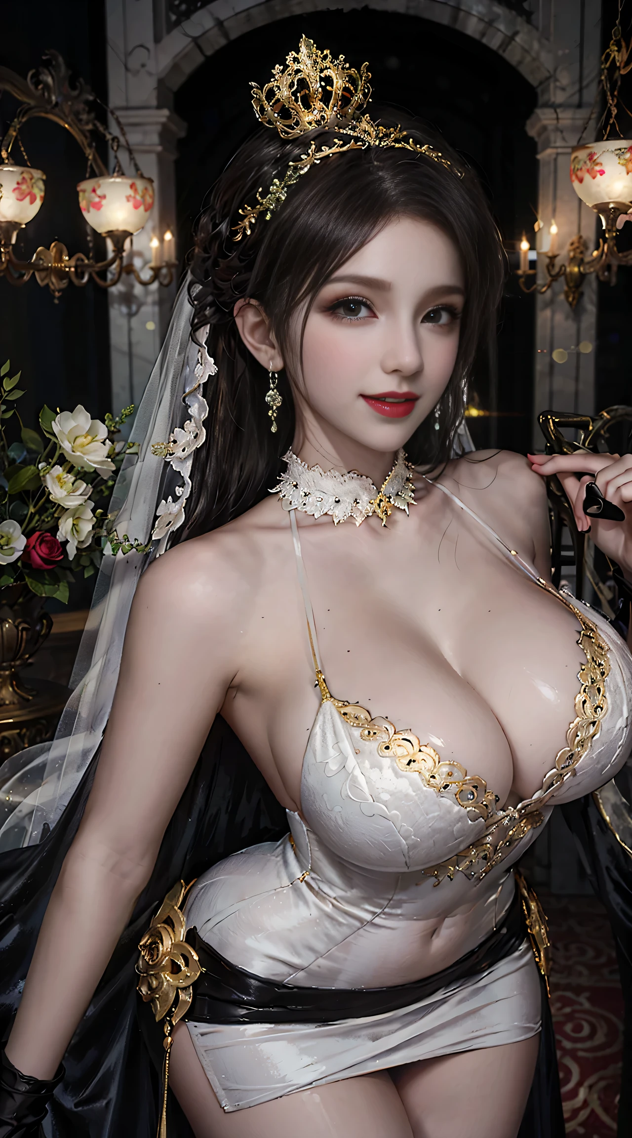 (8K, Best Quality, masutepiece:1.4), (Intricate details:1.3), (Realistic), (Ultra-detailed), 1girl in, Solo, (married woman、age 40eautuful Women、A MILF, ( smile:1.35), Front view, (Leaning forward:1.2), Showing cleavage, Looking at Viewer, chies, Detailed long hair, (Fluffy long black hair), Detailed eyes,, Hourglass body shape, ( :1.1), (Huge breasts), thick thighs, wide hips, Small waist、Golden Wedding Dresses、Tight mini skirt、Golden Bride Gown、Wedding Decorations、 Realistic lighting, natural soft light, Dynamic lighting