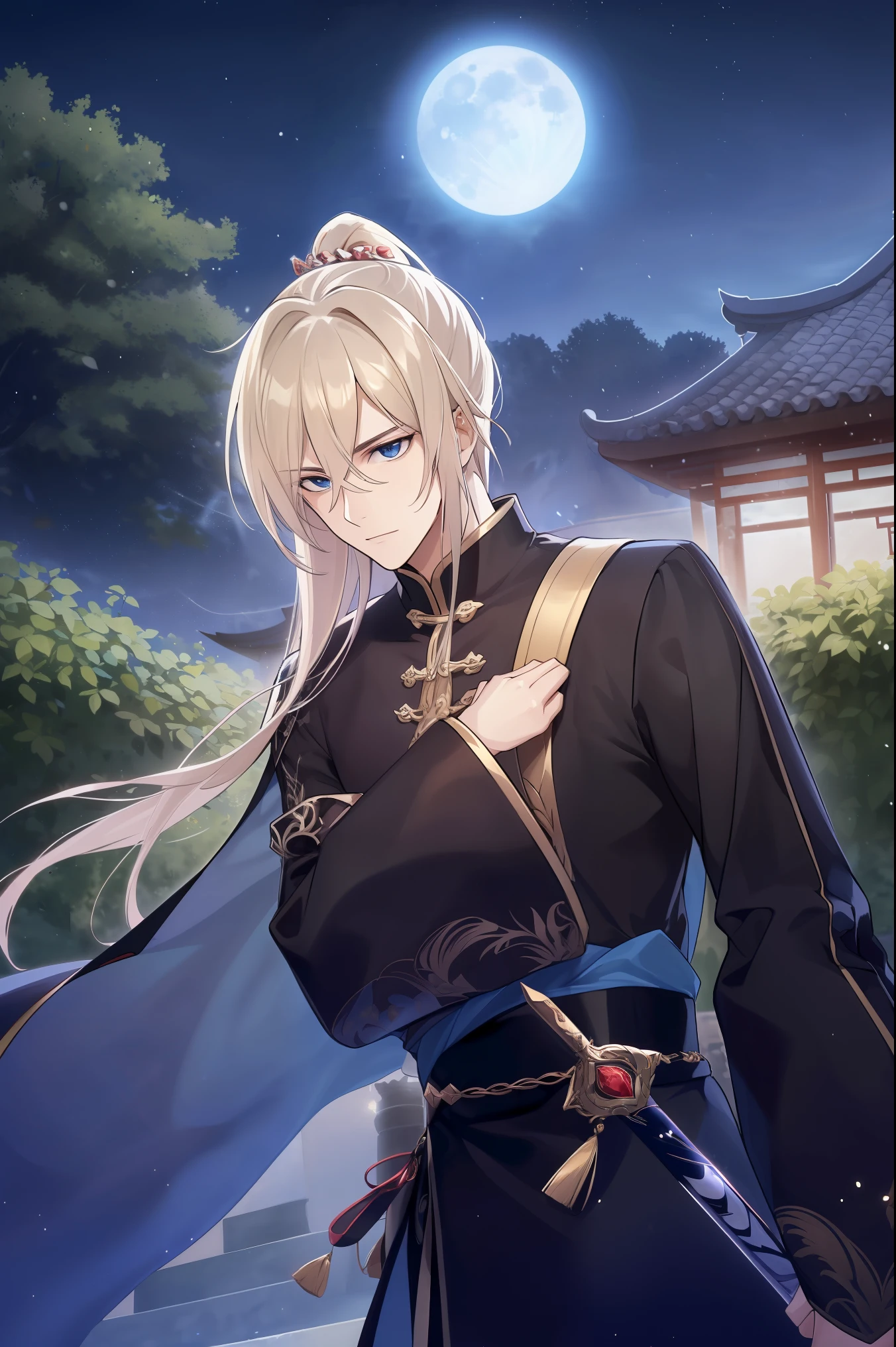 (Best quality at best,A high resolution,The image is clear,Men in Black,:1.2),of a man,malefocus,Ultra detailed backgrounds,,A ager with a sword,Chinese style long sleeve robe,high ponytails,natta,Garden scene,under moonlight,starrysky,blue clothes,Asian architecture,Romantic atmosphere,,Dutch Angle Shot,gentlesoftlighting,portrait of upper body,Noble prince,Eye focus,a sharp gaze,