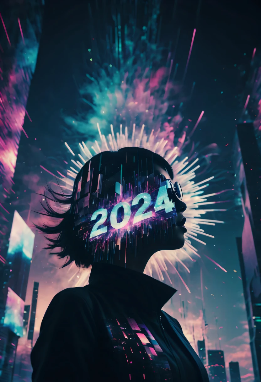 Dubrec style,Cybernetics appear in the sky.The prospect of fireworks on new year’s Eve 2024,Gorgeous fireworks,(multiple exposure1.8),(Digital signage,2024:1.5),technology city,artificial intelligence neuron,network matrix,new year'Eve Visual Poster,Intricate poster in surreal art style,超现实梦想new year海报,超现实科幻new year梦想海报,wide wide shot,Expansive night sky,new year,A grand fireworks display,woman portrait,double exposure effect,dramatic lights,vivd Coloong exposure technology,creative composition,artsy photography,hight contrast,abstract elements,emotionally captivating,Expressive eyes,soft focus,vague background,Beautiful lip details,multiple exposure,Different Perspectives、The cities of the future,Silhouette of a high-rise building。The texture is clear、Overlay the image、A harmonious blend of themes、art story、Surreal atmosphere、Experimental Technology、imaginative exploration、Artistic expression、Artistic interpretation、Creative experimentation、personal narrative、Layered composition、Ethereal aesthetics、Shocking visual impact、visual depth、magical reality、poetic atmosphere,detailed、meticuloso,visual poetry