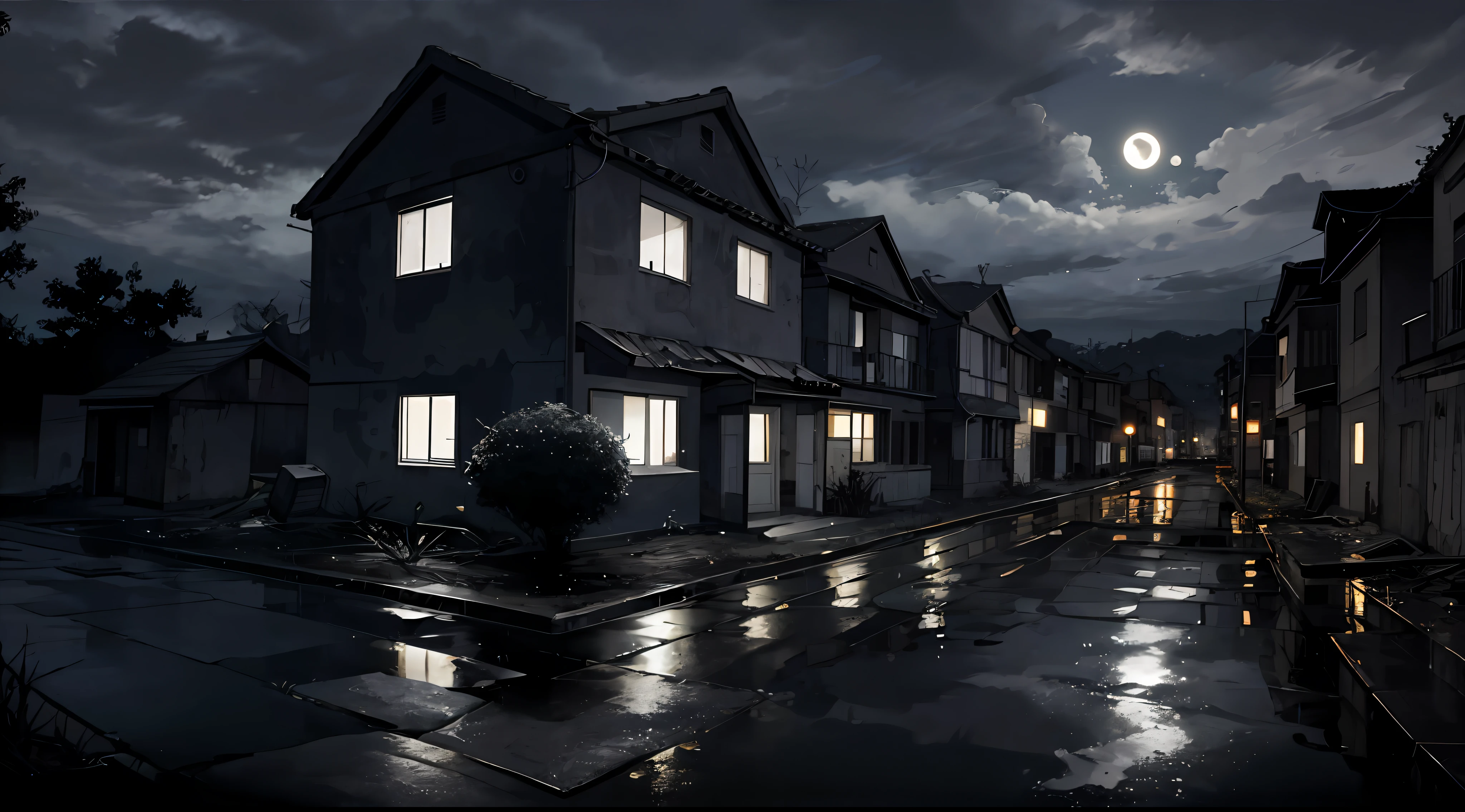 You&#39;re flying above a scary, Rua Escura, olhando para baixo enquanto a neblina densa se estende pelas casas vazias. It's night and the torrential rain creates a sinister atmosphere, with the moon hidden by menacing clouds. Rays occasionally light up the sky, revelando brevemente os detalhes das casas abandonadas ao longo da rua. The environment reflects perfectly in the puddles of water, amplifying the sense of horror.

A atmosfera sombria e intensa evoca um sentimento reminiscente de Silent Hill, as you continue to fly over the scene. The houses are in ruins, com janelas quebradas e portas desmoronadas, seeming to have been abandoned decades ago. Wild vegetation and bush grow everywhere, como se a natureza tivesse tomado conta do local.