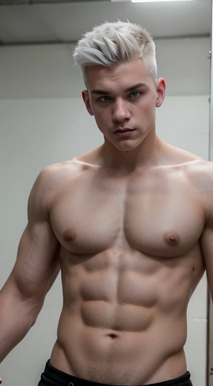 White young man punk , 18 years old, low taper fade haircut, white hair, blue eyes fixed, intense gaze, affiliated features, no facial hair, height 1.93, weight 100 kg, aesthetic muscular build, broad shoulders, V-shaped body, full body focus, completely hairless,