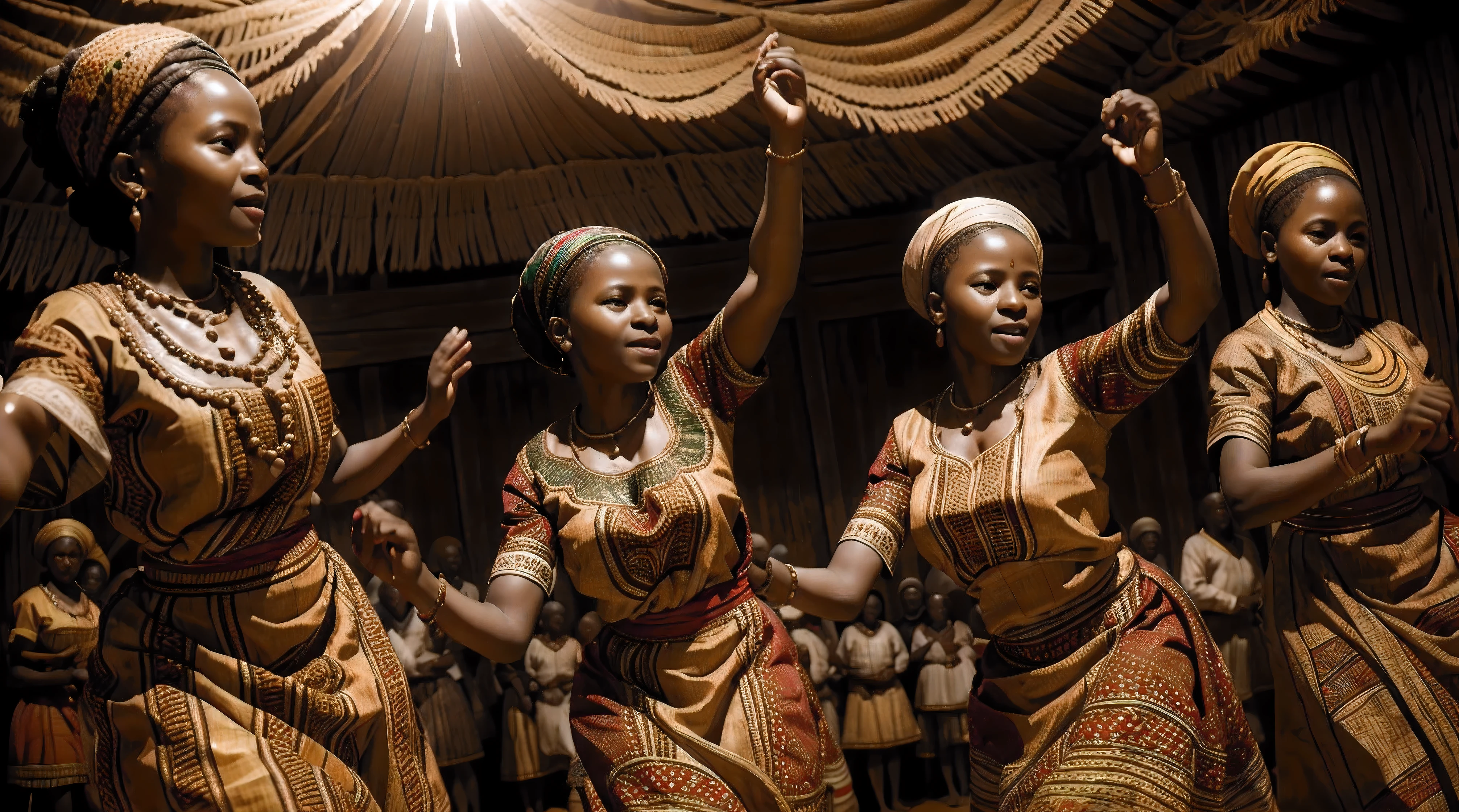 Ultra-realistic photograph of African Villagers dancing in communion, they are wearing Traditional attire with beautiful patterns. Cinematic lighting, perfect textures, realistic face quality
