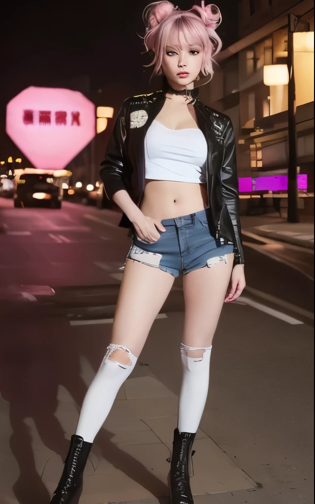 blue eyes:1.3, pink hair:2.0, High resolution 1.2, (8k, RAW Photo, Best quality, Masterpiece), (realistic, photo-realistic:1.2), Ultra detailed, face likeSana Minatozaki Japanese girl in the city, realistic face, perfect body, 95 cm. chest size, realistic eyes, blue eyes, Yukata Beauty, Glamorous, splendid, delicate, romantic, soft mouth, Beautiful detailed blue eyes, Symmetrical facial, fine pink hair, very pretty and athletic, sexy, short hair, completely closed black background , with a young and NICE appearance, happy, rounded face, realistic pink hair with two buns, perfect ears, perfect legs, realistic hands, very realistic image, closed mouth, pretty lips, Asian woman with hair Cheng Yi, realistic pink hair, inspired by Yanjun Cheng, painting flowing pink hair, Realistic skin tone, (8k, RAW Photo, Best quality, Masterpiece), (realistic, photo-realistic:1.2), Ultra detailed, (RAW Photo, Best Quality), (realistic, photo-realistic:1.3),Best Quality,Highly Detailed,Masterpiece,Ultra Detailed,illustration,1girl,upper_body,Dynamic Angle,world Masterpiece theater,Messy_long_hair,Best quality,extremely detailed 8k CG wallpaper,ink,amazing,cinematic lighting,lenlare,Dunhuang_style, outfit punk, white t-shirt with rips, graphic prints of punk bands, long jeans with rips with a worn look, black jacket punk style with studs and some tacks, biker boots sakura kinomoto,