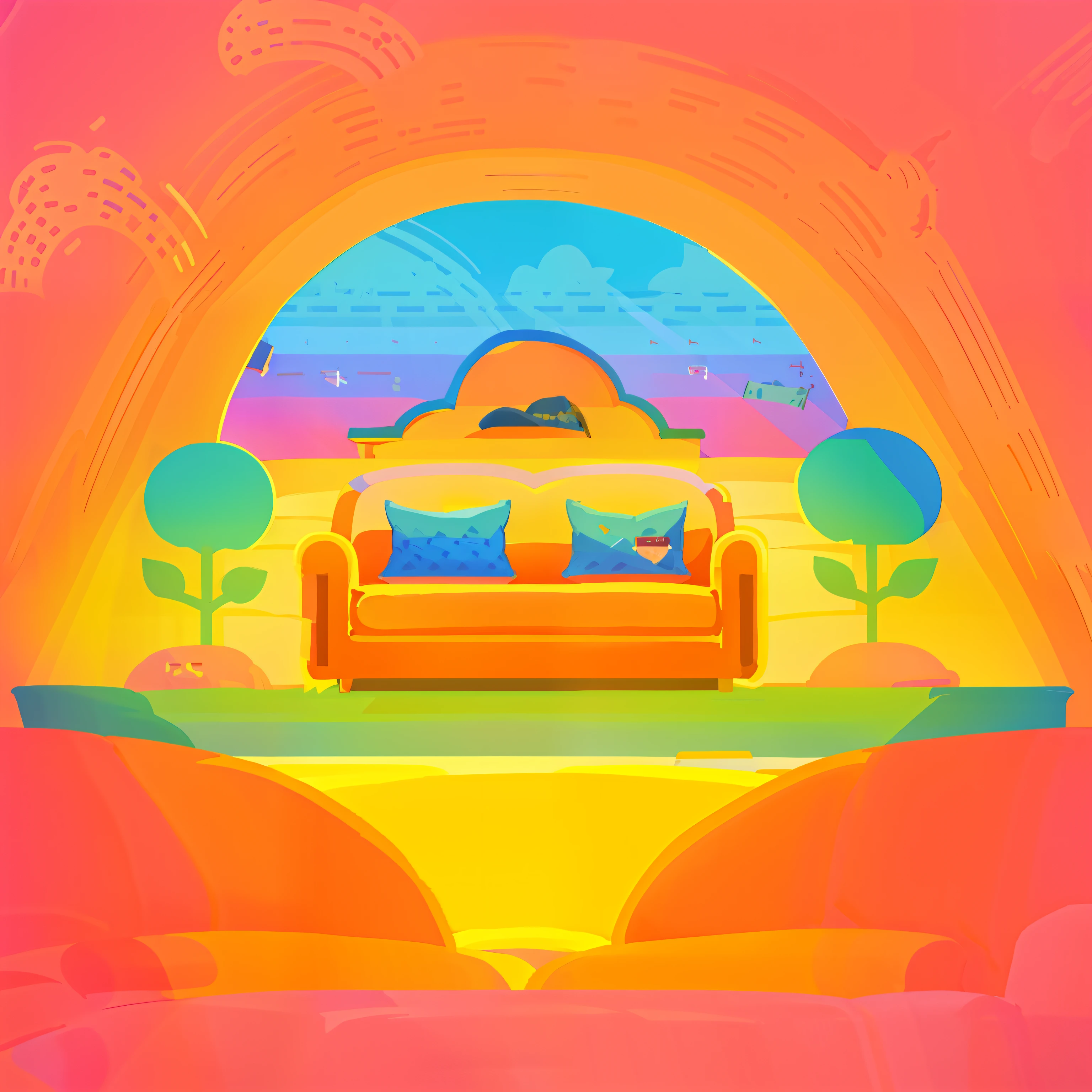 there is a couch with a hat and sunglasses on it, cartoonish and simplistic, minimalistic illustration, on a couch, shaded flat illustration, flat illustration, flat 2 d design, minimalist illustration, and clean illustration, sofa, couch, 🪔 🎨;🌞🌄, minimalist cartoon style, commercial illustration, by Justin Sweet, couches melting