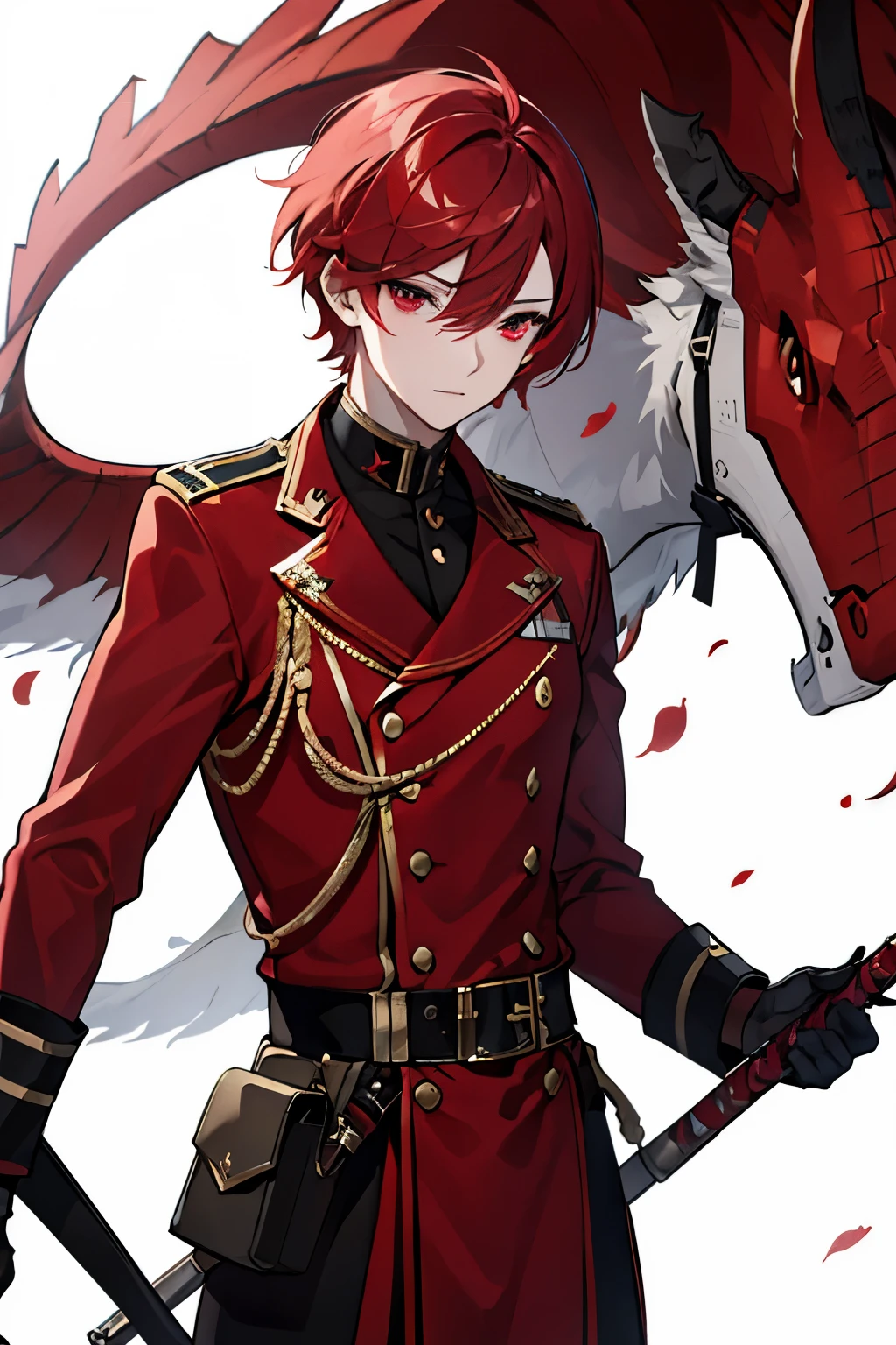 male people　red short hair　red eyes　military costume rack　​masterpiece　Top image quality　denoise　Clear 　cinematic shadow　Increased attractiveness of the eyes　Clear the shine of the eyes　Draw eyelashes neatly　Perfect Eye　A detailed eye　Sharpen image quality　Sharpen eye writing　Clear eye shape