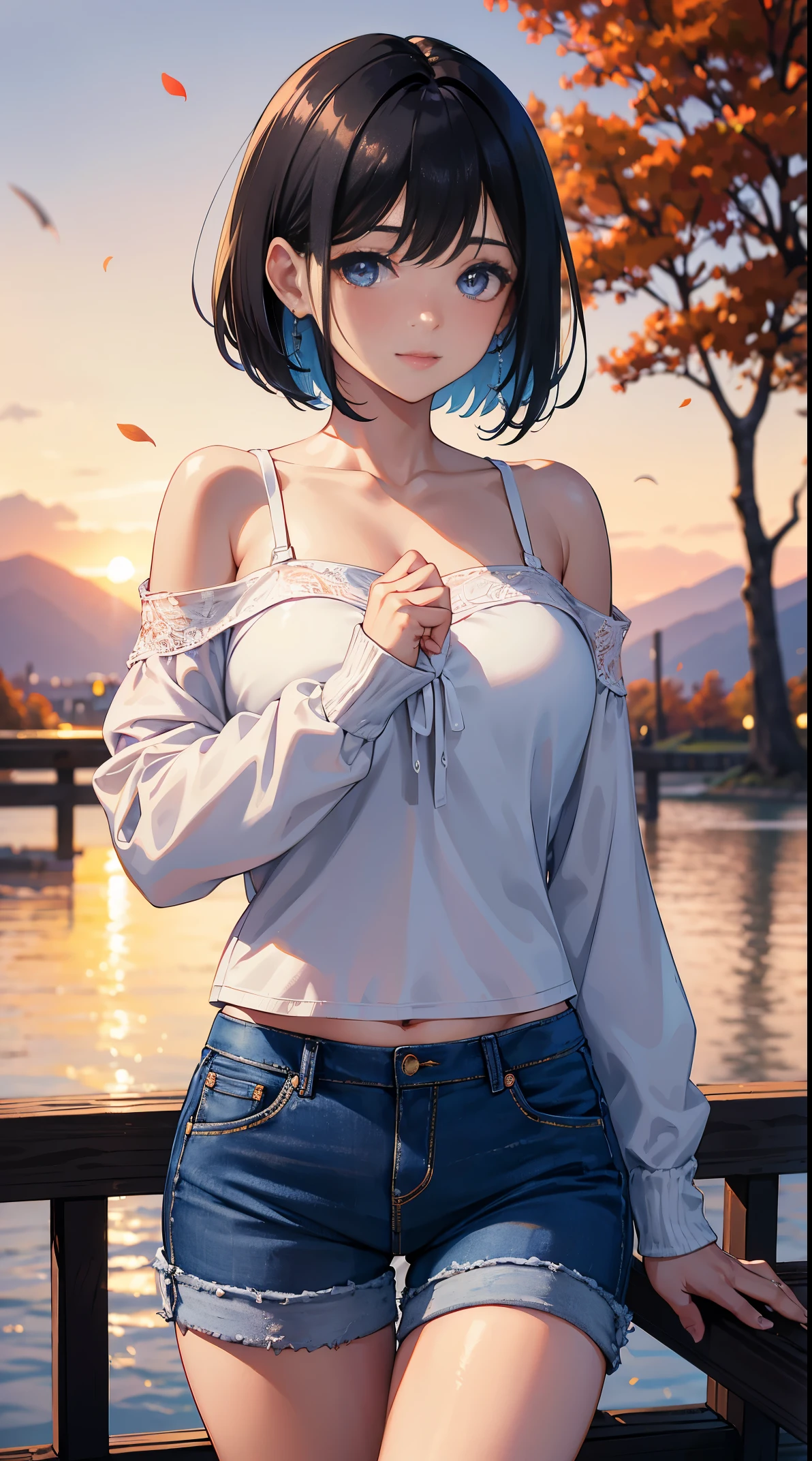 (Masterpiece:1.2, high quality), (absurdres:1.2), (pixiv:1.4), (1girl:1.2), (solo:1.2), (smile:0.8), blush, beautiful caucasian woman, (mature), symmetric face, bob cut with side fringes, bangs, black hair, crystal blue eyes, double eyelids, dark eyeshadow, pale pink lips, smile, collarbone, off-shoulder hoodie, cleavage, denim shorts, thighs, slim waist, body curves, dynamic pose, beautiful scenery, wooden river bridge, leaning on railing, dawn, aesthetic outdoors, dawn sky, autumn, autumn tree leaves, ultra detailed, extra details, (highres:1.2), HD, 8k, 1080, vivid colors, dim lighting, intrinsic details, (blurry_background:1.2), highly focused face, (detailed face)
