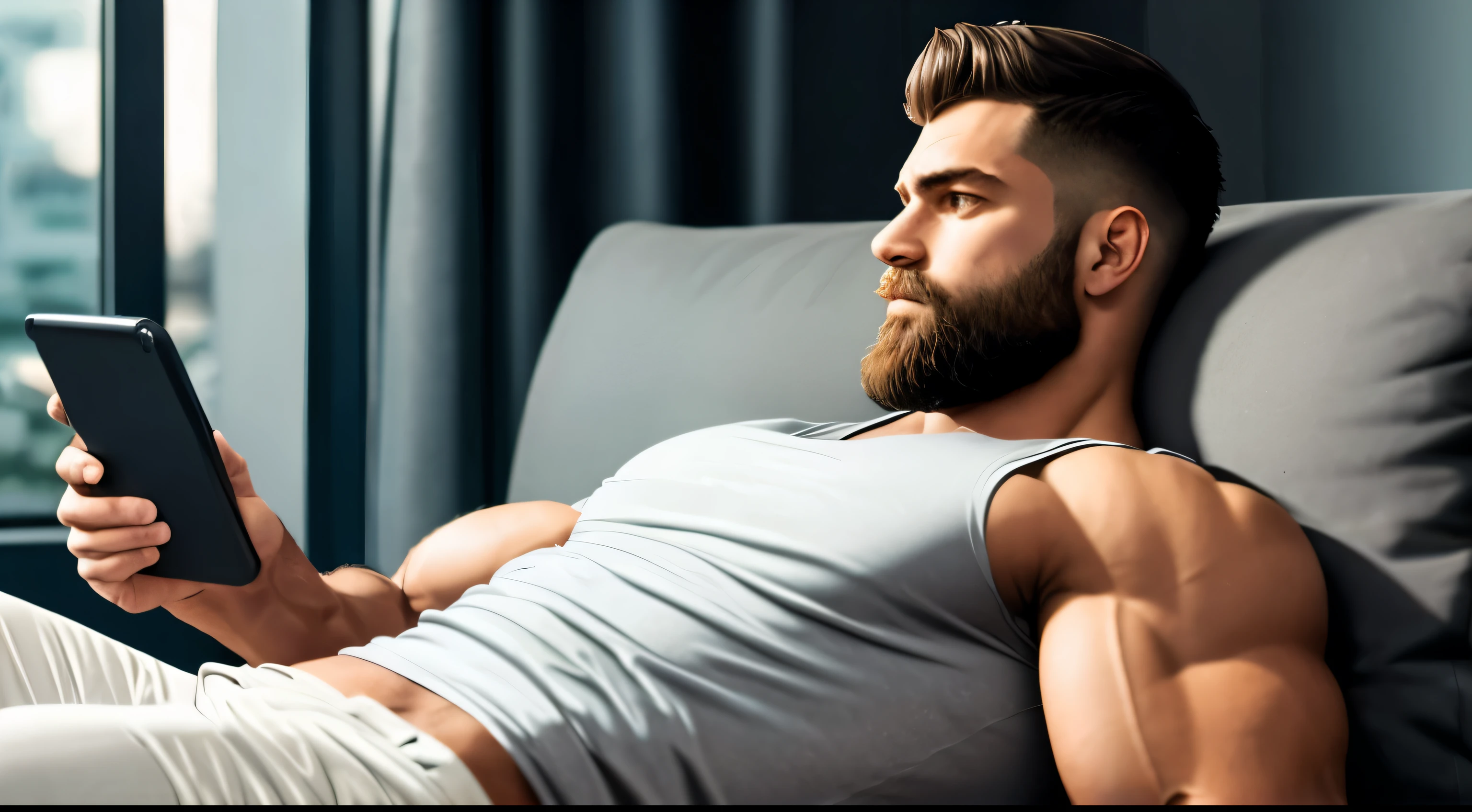 a muscular man laying on the couch looking at his phone, beard, muscles, masterpiece, epic, best quality, 8k, wide shoulders, short hair, dark tones, modern apartment, gray tshirt, modern white couch, led lights, dark tones, dark room with bright phone screen, shorts and tank top, no sunlight, lazy, on his phone