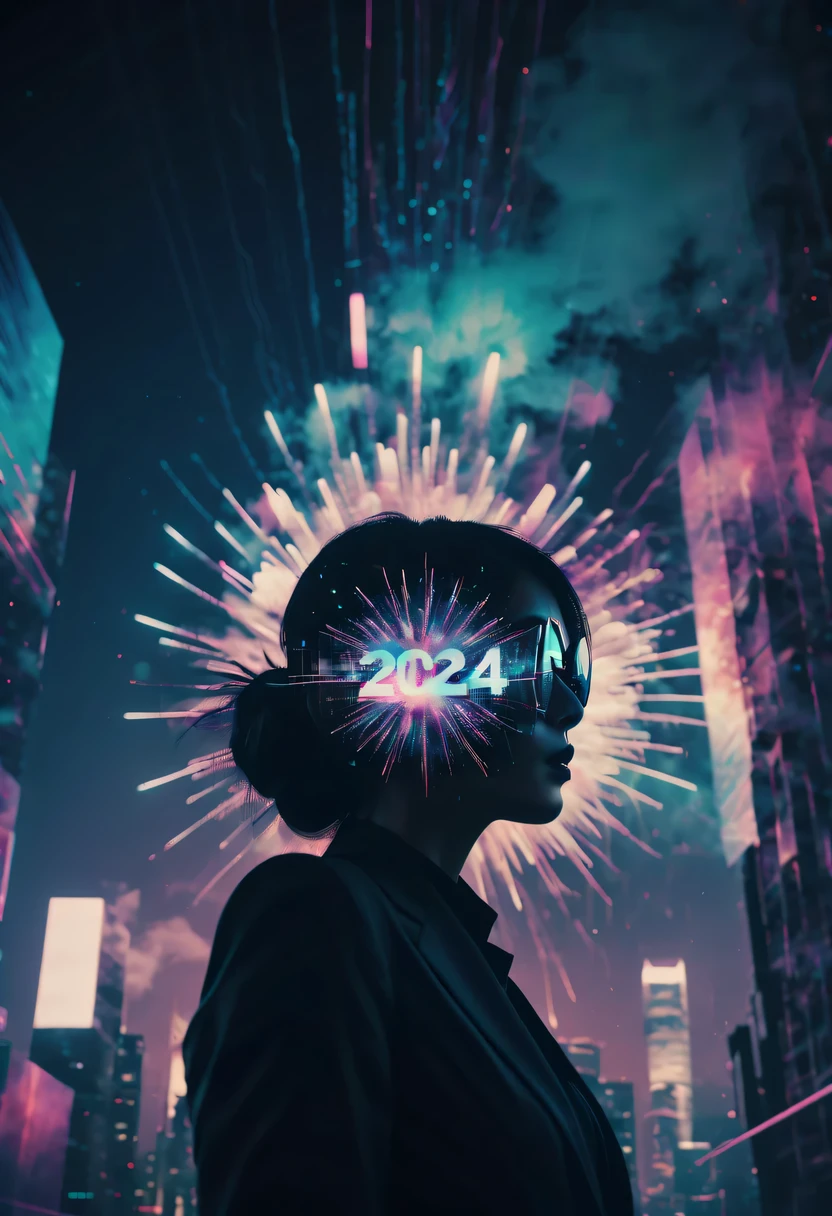 Dubrec style,Cybernetics appear in the sky.The prospect of fireworks on new year’s Eve 2024,Gorgeous fireworks,(multiple exposure1.8),(Digital signage,2024:1.5),technology city,artificial intelligence neuron,network matrix,new year'Eve Visual Poster,Intricate poster in surreal art style,超现实梦想new year海报,超现实科幻new year梦想海报,wide wide shot,Expansive night sky,new year,A grand fireworks display,woman portrait,double exposure effect,dramatic lights,vivd Coloong exposure technology,creative composition,artsy photography,hight contrast,abstract elements,emotionally captivating,Expressive eyes,soft focus,vague background,Beautiful lip details,multiple exposure,Different Perspectives、The cities of the future,Silhouette of a high-rise building。The texture is clear、Overlay the image、A harmonious blend of themes、art story、Surreal atmosphere、Experimental Technology、imaginative exploration、Artistic expression、Artistic interpretation、Creative experimentation、personal narrative、Layered composition、Ethereal aesthetics、Shocking visual impact、visual depth、magical reality、poetic atmosphere,detailed、meticuloso,visual poetry