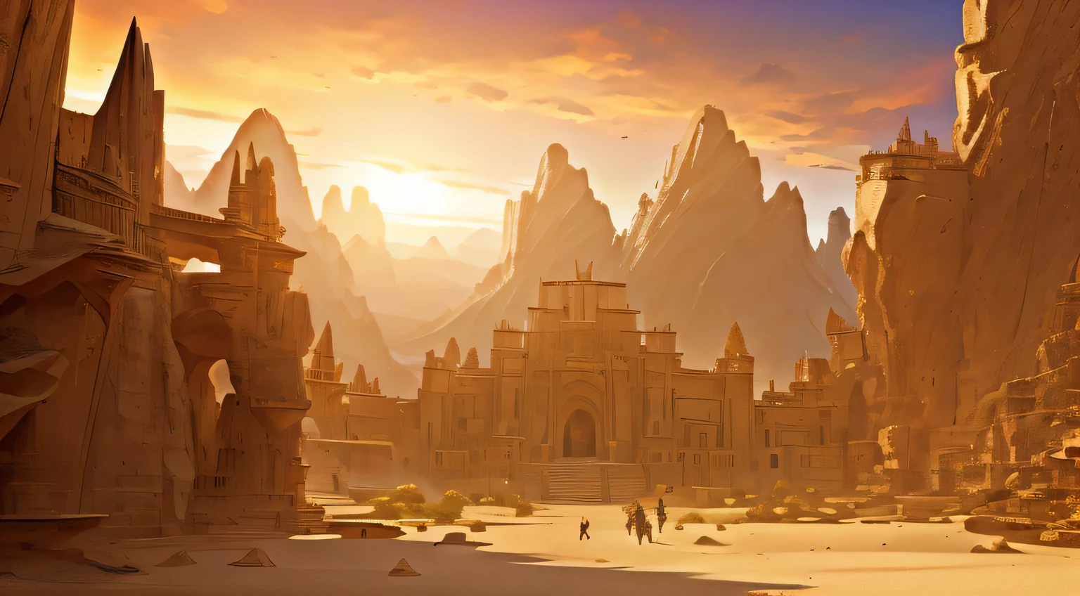 A grand entrance graved into a mountain, desert surroundings, wasteland, extravagant carvings into the mountain, large stone guardian statues at the entrance holding large two handed swords pointing upwards. Sunset, light flares, back lit, mountainous scenery, sandy and dusty, (large buildings covered in the sand)