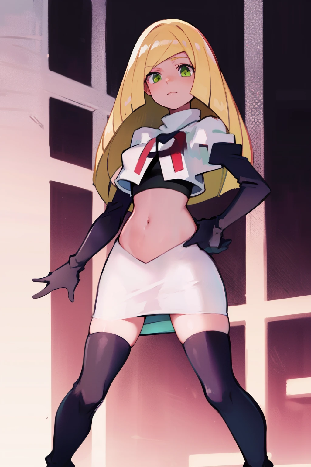 pokemonlusamine,green eyes,blonde hair,team rocket,team rocket uniform,white skirt,crop top,red letter R,black thigh-high boots,black elbow gloves,