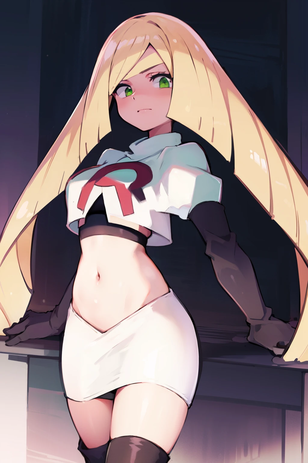 pokemonlusamine,green eyes,blonde hair,team rocket,team rocket uniform,white skirt,crop top,red letter R,black thigh-high boots,black elbow gloves,