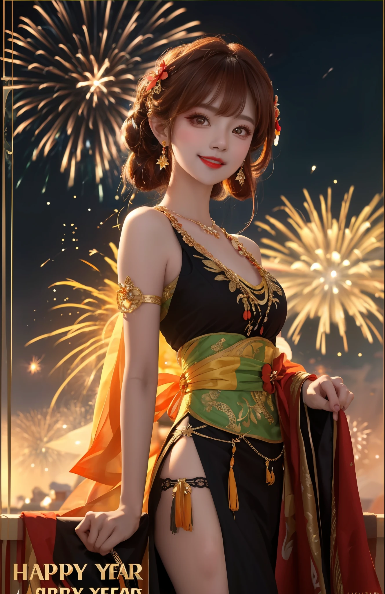 Best Quality, Masterpiece, Ultra HD, Ultra High Resolution, Ultra High Resolution, 16K Full HD New Year Poster, New Year Theme, 1 girl with saffron hair ornaments, earrings, red lips, beautiful face with delicate makeup, the girl even more beautiful, the girl is wearing a gorgeous costume with delicate and beautiful patterns on the costume, and colorful fireworks are blooming behind the girl, and the girl is looking at the camera with a happy smile.xiaorouseeu
