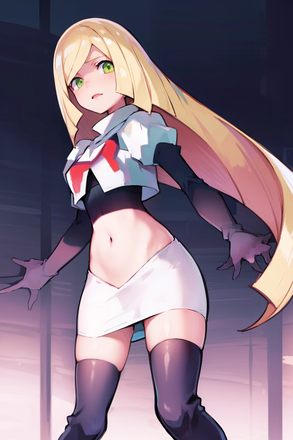 pokemonlusamine,green eyes,blonde hair,team rocket,team rocket uniform,white skirt,crop top,red letter R,black thigh-high boots,black elbow gloves,