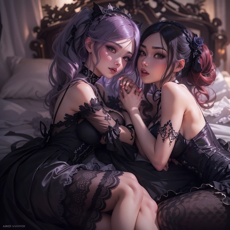 A very detailed picture of two trans girls in lingerie laying on a bed --auto --s2