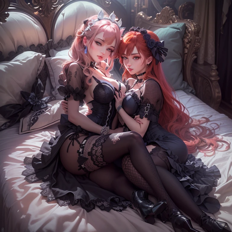 best quality, masterpiece, highres, 3 noble girls,RED HAIR luxury chambers bedroom background, lying on bed, sexy and cute, lesbians, horny, out, romantic, passionate, kissing, intimate, laying on eachother, hugging, touching each other, touching butt, touching brests, kneeling, shot from behind, touching eachother, seducing, snapping, white and even teeth,full body shot, shot from behind, makeup, eyes with very sharp and detailed makeup, lipstick, very long hair, different hair colors, ponytail, hair ornaments, Pretty face, magic import style, tyndall effect, photo realistic, dark studio, border light, two tone light, (high detail skin: 1.2), 8k uhd, dslr , soft light, high quality, volumetric light, candid, Photo , high resolution, 4k, 8k, Bokeh, In the Dark: 1.6), surreal full body of women by David Hockney and Alphonse Mucha, fantasy art, photorealism, dynamic lighting, station art, posters, volumetric lighting, highly detailed faces , super 8k, Awarded, in the dark, deep shadow, low light, bust, Royal style family, Best face, Very round and tight breasts, Surreal, guweiz, (full body), (Background detail 1.8), moderately big butt, asian style, different clothes colors, vivid colors, maid, bride, wearing maid outfit, wearing wedding dress, victorian dress, lace dress, gothic style, asian face, sharp cheekbones, lace corsait, choker, collar, long gloves, dress, miniskirt, makeup, stockings, stocking garter, all wearing stockings, lace stockings, stockings with hooks on underwear, garter belt, very long boots, wearing overkenee boots, high heels, stilettos, goth style, gothic style