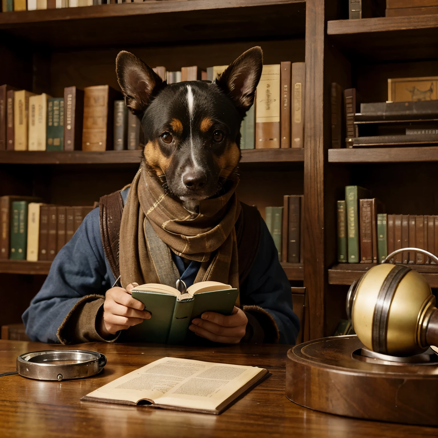 In an old library, a clever dog with a scarf and magnifying glass is examining clues at a table. The shelves are full of books adapted for different sizes of animals, and other animals read silently at nearby tables, wearing intellectual clothes.