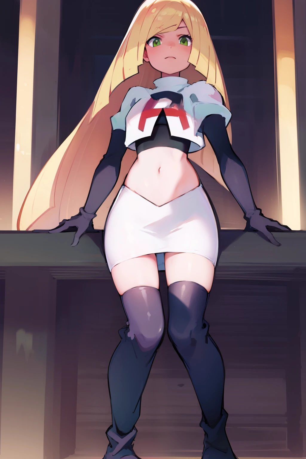 pokemonlusamine,green eyes,blonde hair,team rocket,team rocket uniform,white skirt,crop top,red letter R,black thigh-high boots,black elbow gloves,