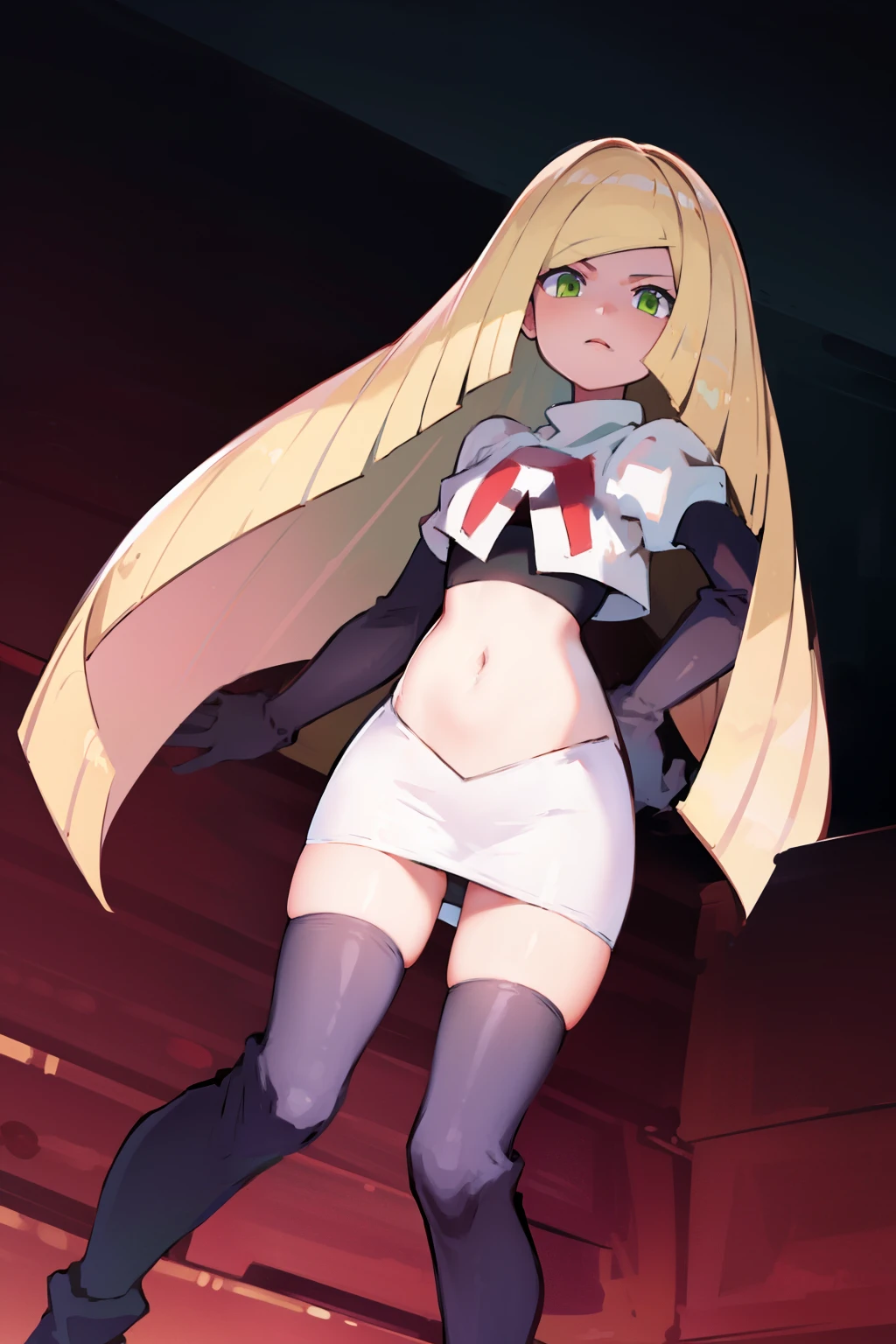 pokemonlusamine,green eyes,blonde hair,team rocket,team rocket uniform,white skirt,crop top,red letter R,black thigh-high boots,black elbow gloves,