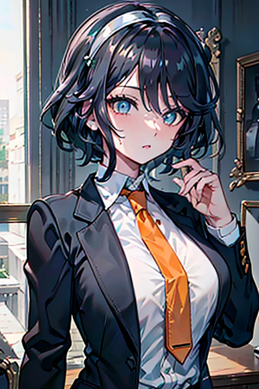 masterpiece, best quality, upper body, modern, ((black hair)), (emerald eyes),white hairband, white shirt, orange tie, black blazer, big breast, milf