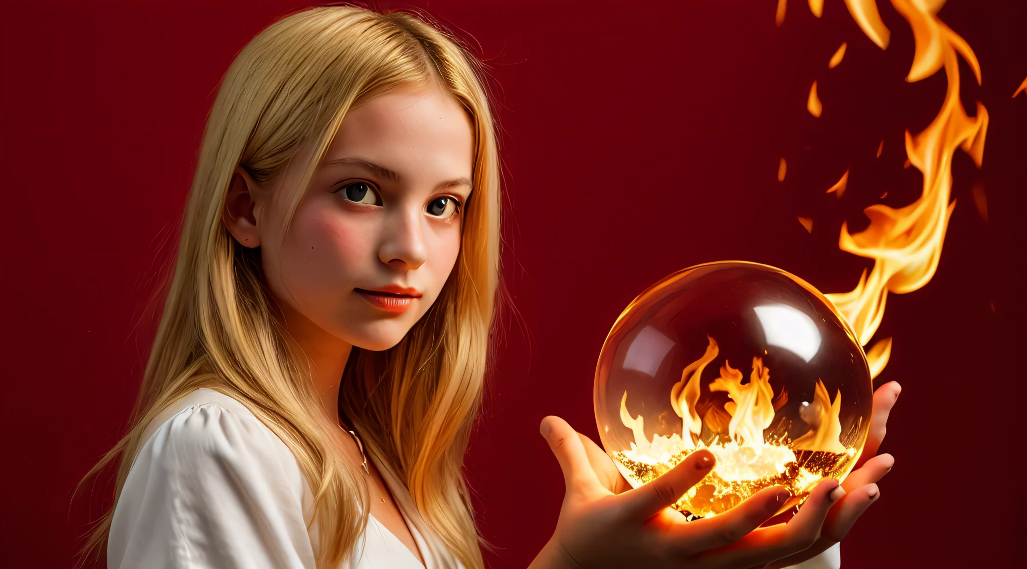 BLONDE KIDS GOLDEN ANGEL GIRL with a flaming crystal ball in her hand. fundo vermelho