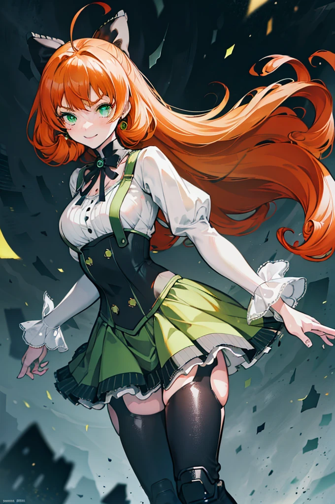 depth of field, blur, gradient background, pennymk2, green eyes, black bow, (power symbol:1.2), black ribbon, black thighhighs, mechanical legs, smile, long hair, white blouse, suspender skirt, corset, orange hair, 8k wallpaper, octane render, cinematic lighting, best quality, highres, absurdres, sharp focus, (8k), (4k), (Best Quality), fantasy, extremely detailed, intricate, hyper detailed, (perfect face), illustration, soft lighting, (specular lighting:1.4), <lora:PennyPolendina:0.8>