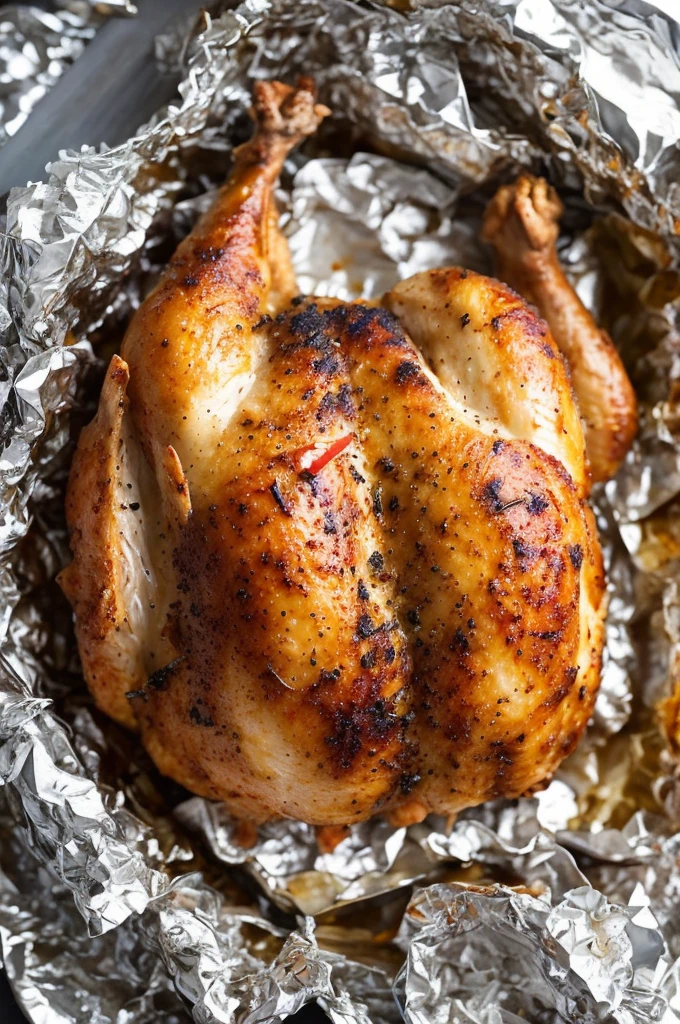a close up of a chicken on a piece of tin foil, cooked, grilled chicken, chicken, ready to eat, mmmmm, stuffed, complete body view, recipe, easy, front side view full sheet, cooked to perfection, ham, above side view, front side full, turkey, dinner is served, ready, hone finished, added detail, yummy, half done