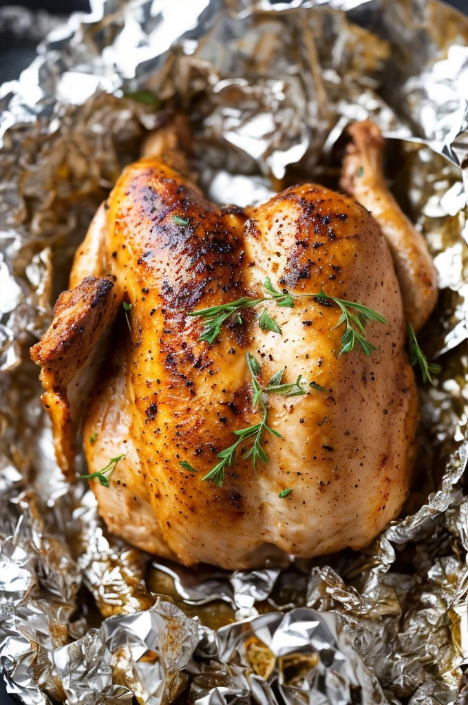 a close up of a chicken on a piece of tin foil, cooked, grilled chicken, chicken, ready to eat, mmmmm, stuffed, complete body view, recipe, easy, front side view full sheet, cooked to perfection, ham, above side view, front side full, turkey, dinner is served, ready, hone finished, added detail, yummy, half done
