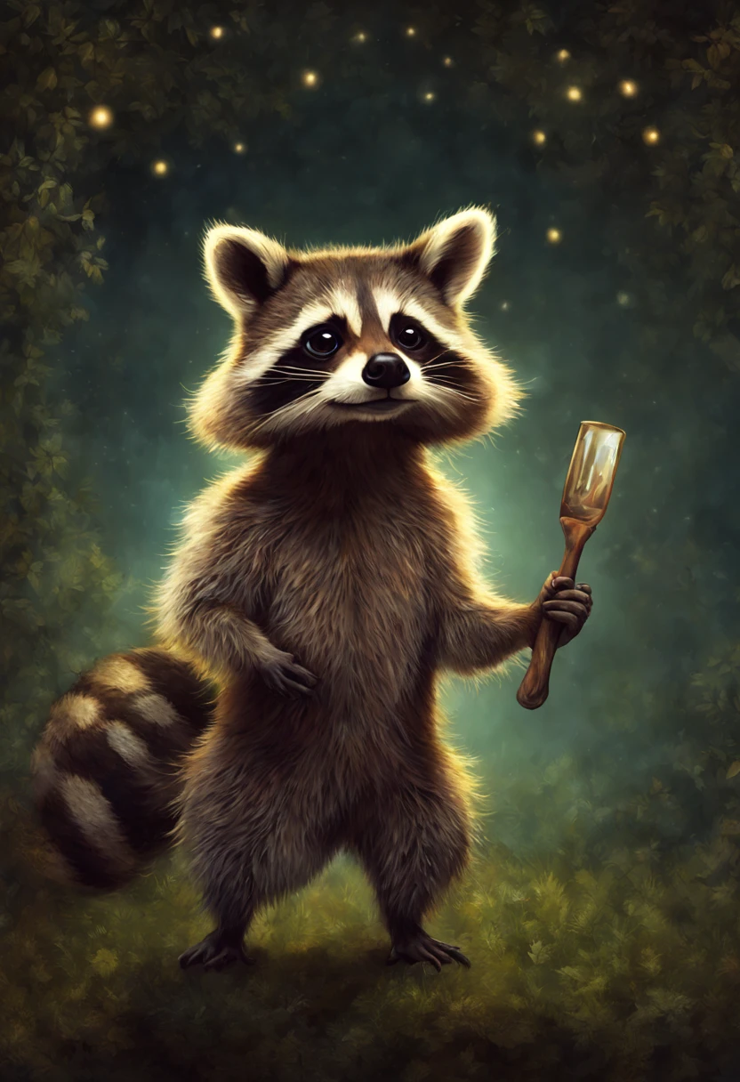Create an image of a raccoon in a moonlit suburban backyard, standing on its hind legs with a sly expression on its face. The raccoon should be holding a shiny object, like a stolen piece of jewelry or a silver spoon, in its front paws. Its eyes should gleam with mischief as it glances around, making sure no one is watching. The scene should capture the playful and cunning nature of the raccoon, with shadows and highlights emphasizing the nocturnal atmosphere