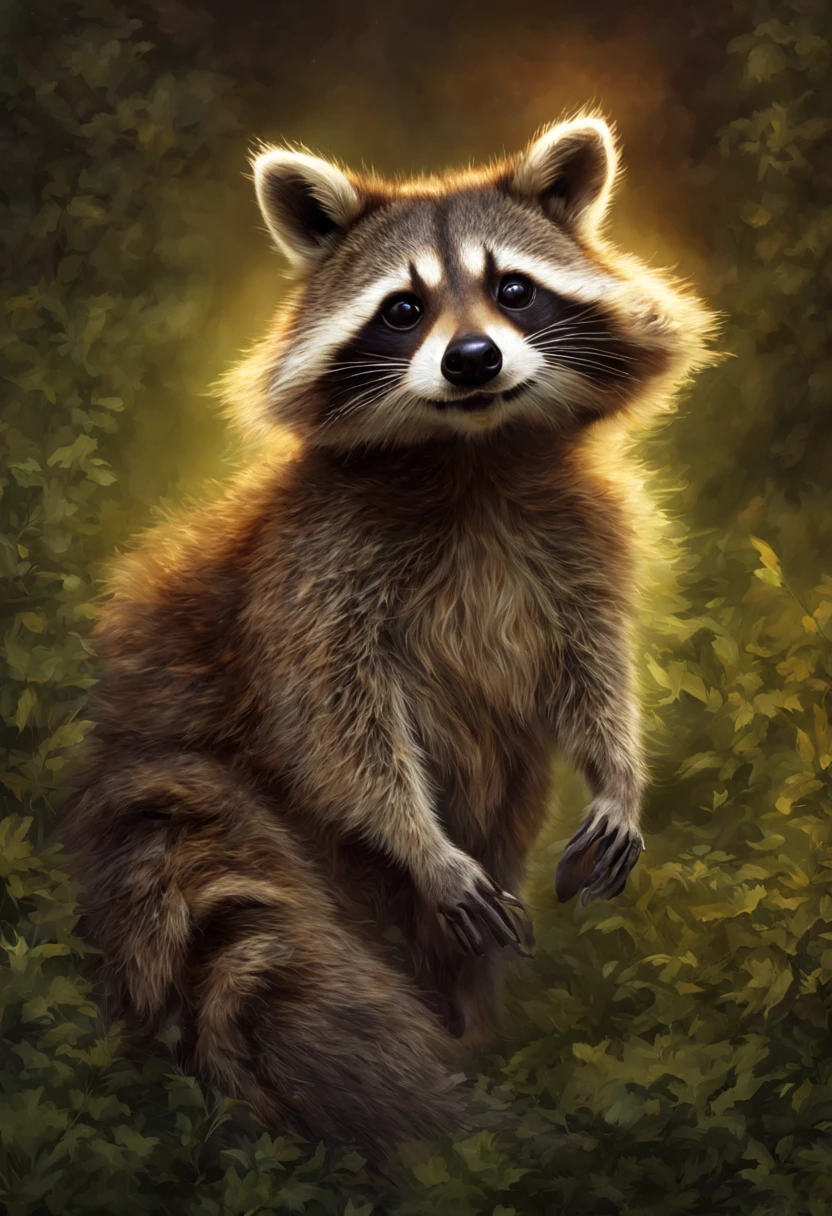 Create an image of a raccoon in a moonlit suburban backyard, standing on its hind legs with a sly expression on its face. The raccoon should be holding a shiny object, like a stolen piece of jewelry or a silver spoon, in its front paws. Its eyes should gleam with mischief as it glances around, making sure no one is watching. The scene should capture the playful and cunning nature of the raccoon, with shadows and highlights emphasizing the nocturnal atmosphere