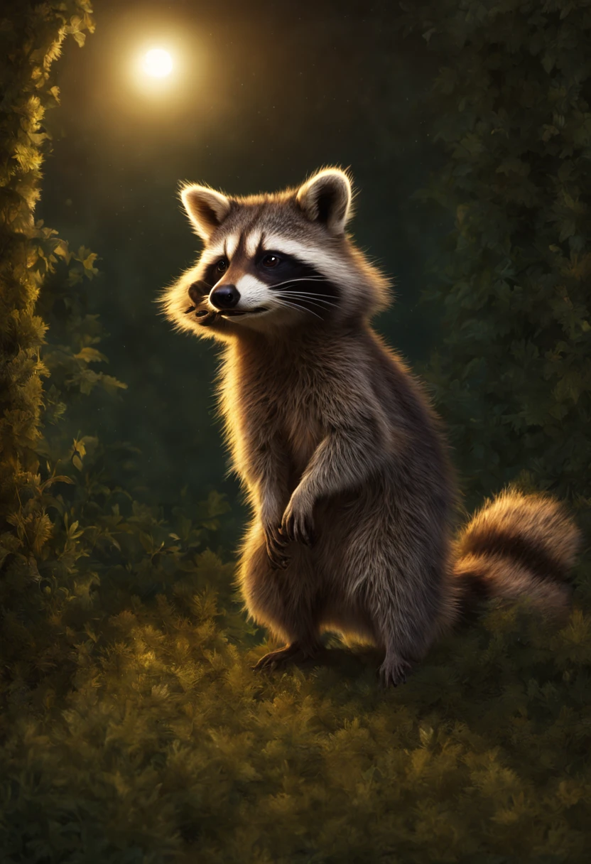 Create an image of a raccoon in a moonlit suburban backyard, standing on its hind legs with a sly expression on its face. The raccoon should be holding a shiny object, like a stolen piece of jewelry or a silver spoon, in its front paws. Its eyes should gleam with mischief as it glances around, making sure no one is watching. The scene should capture the playful and cunning nature of the raccoon, with shadows and highlights emphasizing the nocturnal atmosphere
