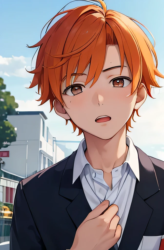 ((tmasterpiece)), ((A high resolution)),((boy)),Japan Youth, junior(There is a wound at the corner of the mouth)), orange short hair,Wearing wristband on hand, Looking Up The Sky, (White clouds and blue sky)