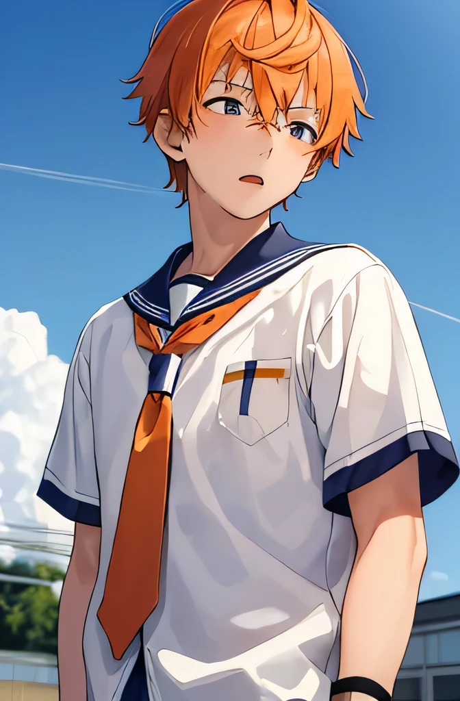 ((tmasterpiece)), ((A high resolution)),((schoolboy)),Japan Youth, junior school student,
校服 ((There is a wound at the corner of the mouth)), orange short hair,Wearing wristband on hand, Looking Up The Sky, (White clouds and blue sky)