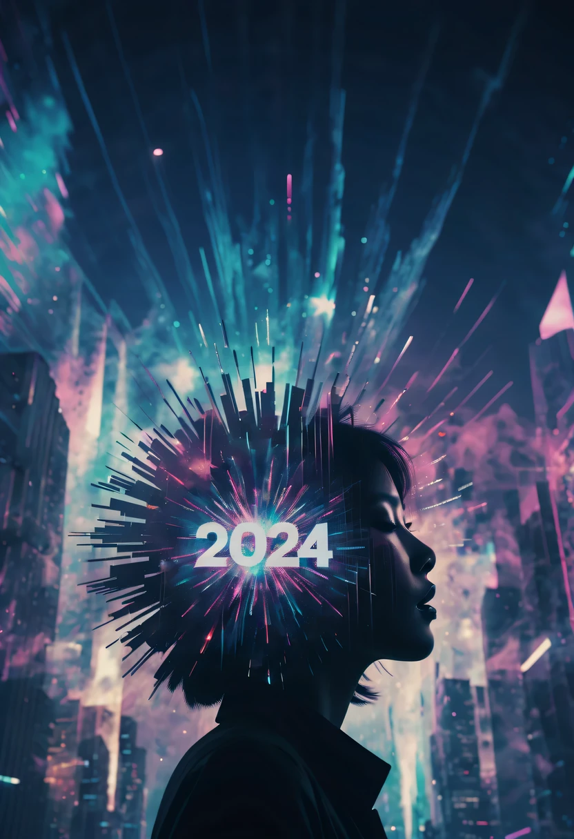 Dubrec style,Cybernetics appear in the sky.The prospect of fireworks on new year’s Eve 2024,Gorgeous fireworks,(multiple exposure1.8),(Digital signage,2024:1.5),technology city,artificial intelligence neuron,network matrix,new year'Eve Visual Poster,Intricate poster in surreal art style,超现实梦想new year海报,超现实科幻new year梦想海报,wide wide shot,Expansive night sky,new year,A grand fireworks display,woman portrait,double exposure effect,dramatic lights,vivd Coloong exposure technology,creative composition,artsy photography,hight contrast,abstract elements,emotionally captivating,Expressive eyes,soft focus,vague background,Beautiful lip details,multiple exposure,Different Perspectives、The cities of the future,Silhouette of a high-rise building。The texture is clear、Overlay the image、A harmonious blend of themes、art story、Surreal atmosphere、Experimental Technology、imaginative exploration、Artistic expression、Artistic interpretation、Creative experimentation、personal narrative、Layered composition、Ethereal aesthetics、Shocking visual impact、visual depth、magical reality、poetic atmosphere,detailed、meticuloso,visual poetry