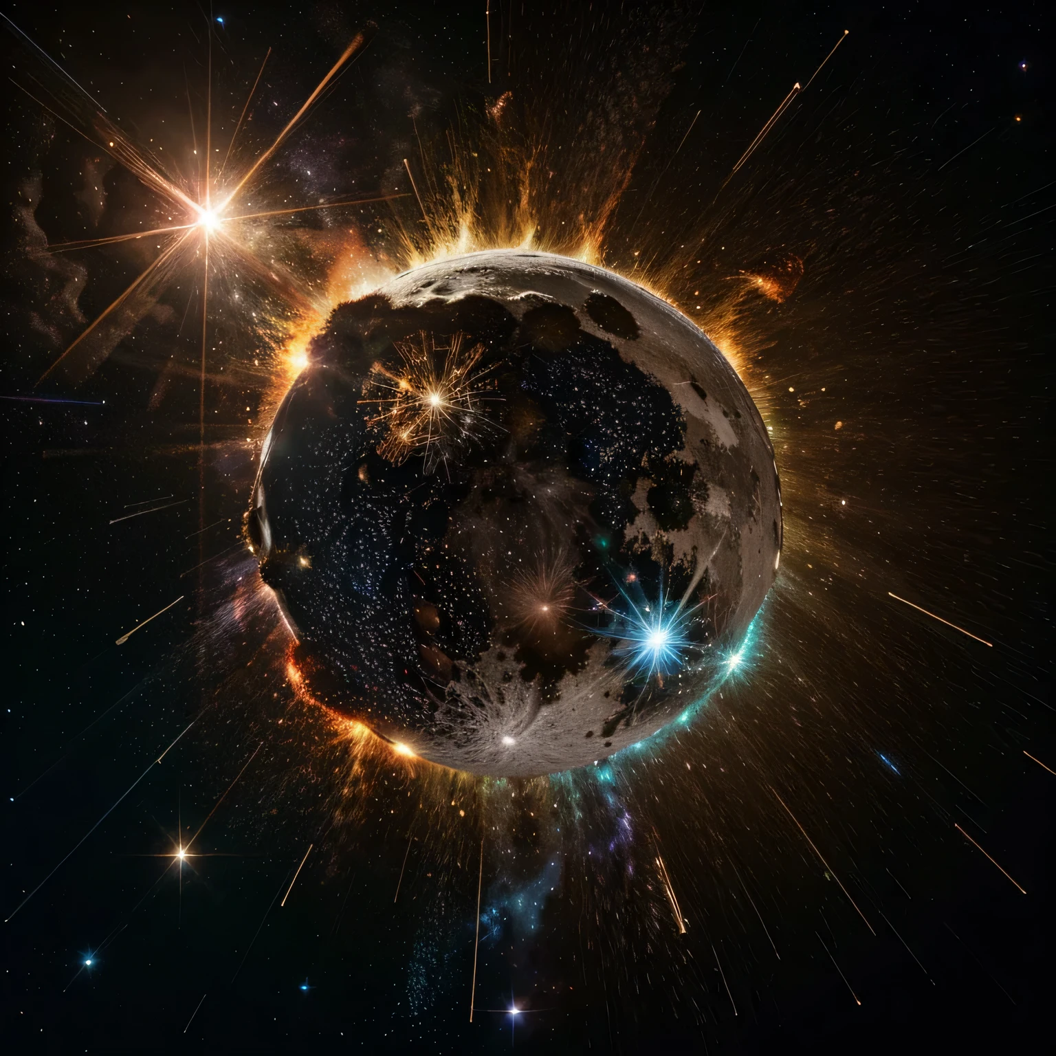 Big explosion of a star in space, muita energia sendo espalhada, com muitas cores e brilhos, and in the background the moon disintegrating with the power of the explosion