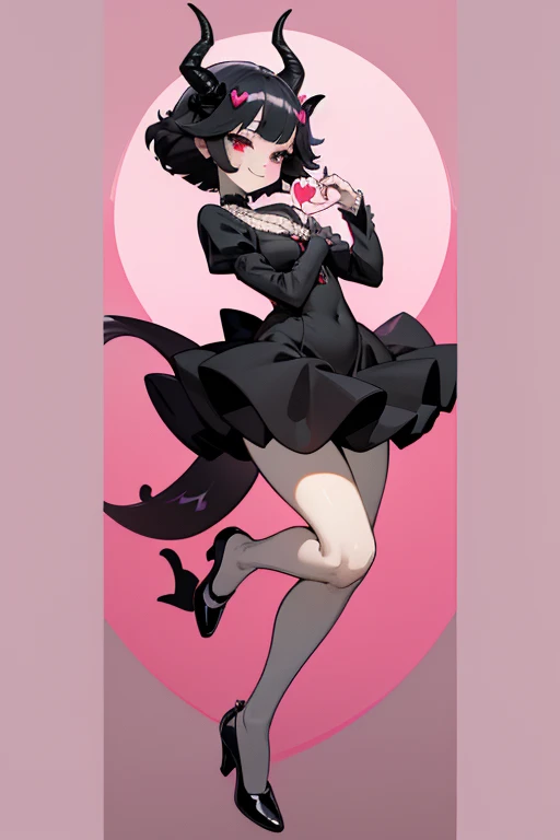 (Masterpiece: 1.5, Best quality, High resolution: 1.3, Super resolution, Super detailed, Ultra detailed: 1.3, Rich background: 1.2, 1 girl)) pale skin + short black bob hair + pink heart eyes + long eyelashes + two hearts on cheeks + soft thighs + big chest + long legs + curvy body (dress, high shoes, pearl necklace, gothic ****ta clothing style) ((mischievous smile, pose holding a heart, small succubus horns and tail of heart) (colors used: white, red, pink, black, silver)