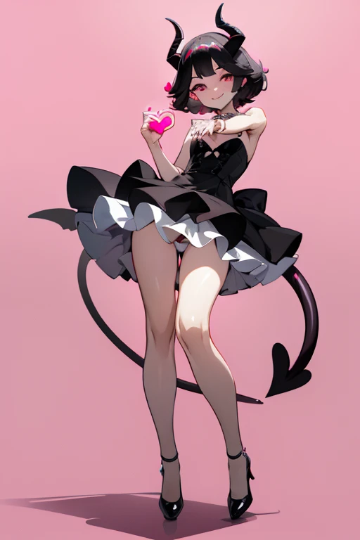 (Masterpiece: 1.5, Best quality, High resolution: 1.3, Super resolution, Super detailed, Ultra detailed: 1.3, Rich background: 1.2, 1 girl)) pale skin + short black bob hair + pink heart eyes + long eyelashes + two hearts on cheeks + soft thighs + big chest + long legs + curvy body (dress, high shoes, pearl necklace, gothic lolita clothing style) ((mischievous smile, pose holding a heart, small succubus horns and tail of heart) (colors used: white, red, pink, black, silver)