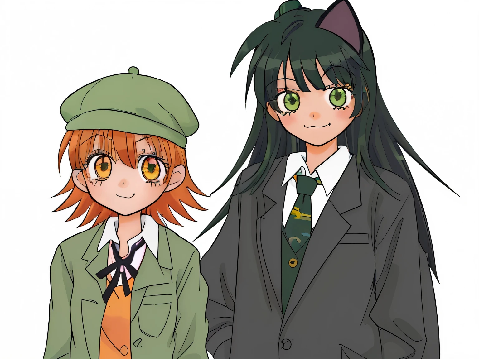 Girl, short orange hair, green hat, school uniform, green jacket, long black hair, gray cat, does not smile, cat ears, licks, sharp eyes