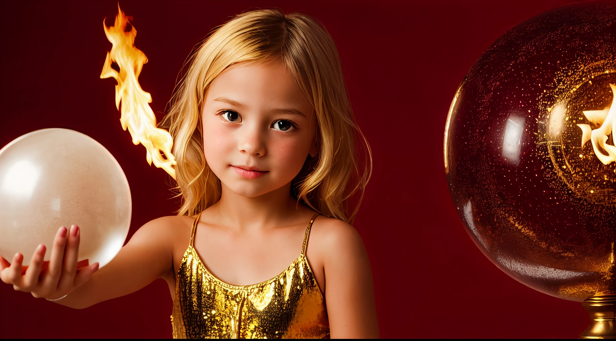 BLONDE KIDS GOLDEN ANGEL GIRL with a flaming crystal ball in her hand. Red background