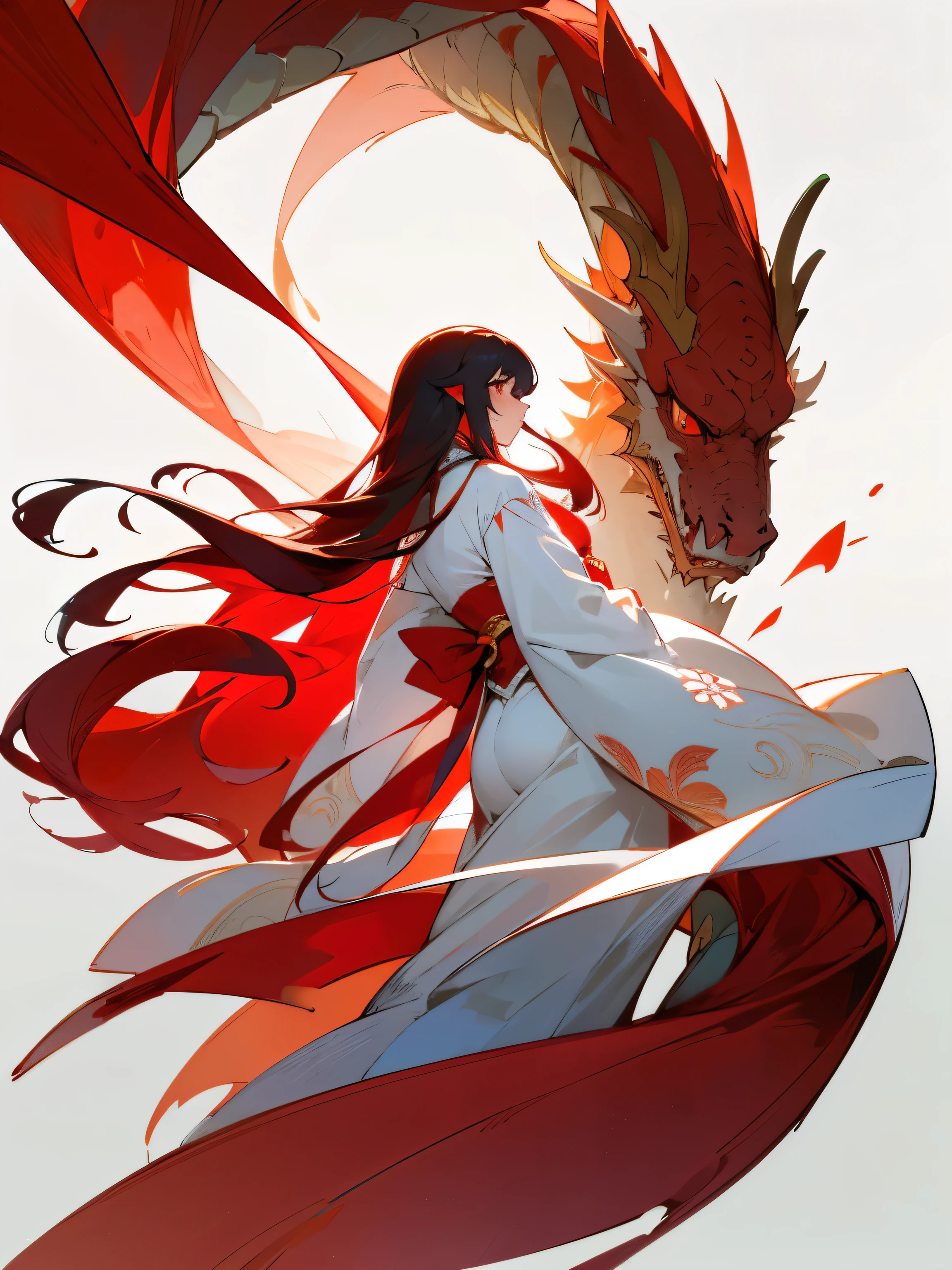 red and white background。rising dragon background、Back lighting、Profile of a person looking upwards with long red hair waving in the wind。Pure white kimono、Low angle up、art noveau、Alfonse Mucha、full body full shot