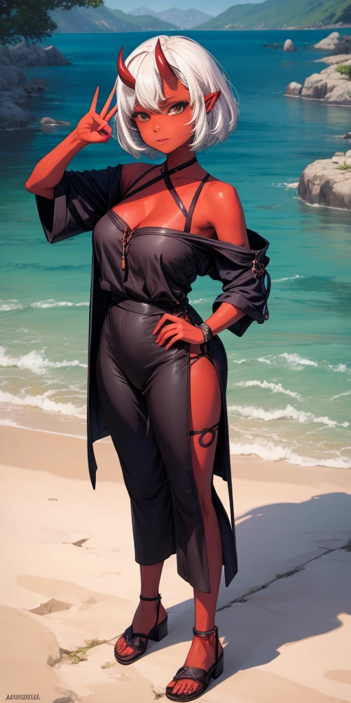 SFW, Female Full body standing straight symmetrical, looking to the viewer, hands on hips, peace sign, A woman，short detailed hair，ember，white backgrounid，Gray tones。Masterpiece, Best quality, 超高分辨率, Beautiful, Visually stunning, elegant, incredibily detailed, Award-winning art, 0n1, Red skin, oni horns, their, Red them, Colored skin, metal sandals
